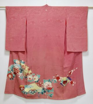 Japanese Silk Antique Kimono / Fan & Flower / Vintage Silk Fabric /478