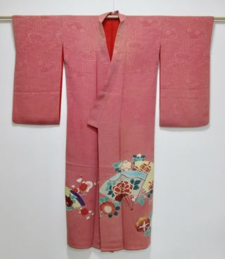 JAPANESE SILK ANTIQUE KIMONO / FAN & FLOWER / VINTAGE SILK FABRIC /478 2