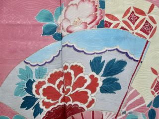 JAPANESE SILK ANTIQUE KIMONO / FAN & FLOWER / VINTAGE SILK FABRIC /478 5