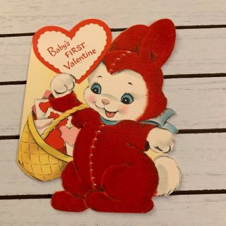 Vintage Greeting Card Valentine Baby First Bunny Rabbit Red Felt Suit