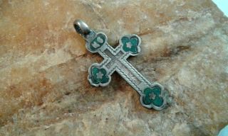 Antique 19th Century Russian Silver " 84 " Orthodox Floral Cross With Blue Enamel