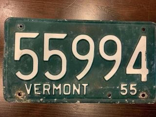 Vintage 1955 Vermont License Plate Low Number 55994