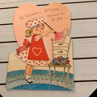 Vintage Greeting Card Valentine Cute Girl Cleaning Rust Craft Stove Cat Kitten