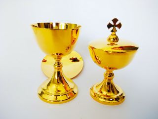 Chalice Paten & Ciborium Set Brass Gold Plated Holy Communion Gift Usgzb56