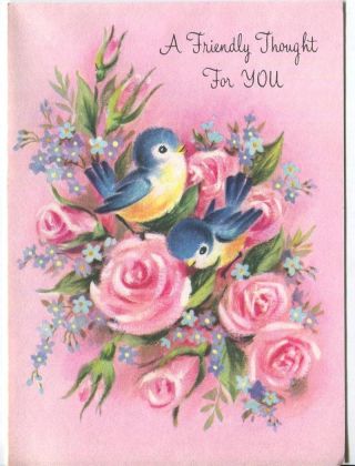 Vintage Garden Flowers Pink Roses Vinca Blue Birds Friendship Greeting Art Card