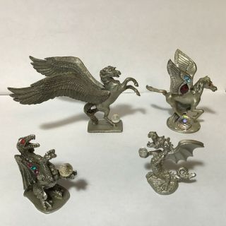 4 Vintage Pewter Crystal Fantasy Figurines Pegasus And Dragons