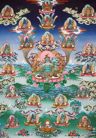 50 " Embroidered Brocade Wood Scroll Tibetan Thangka: 21 Taras,  Ward Off Dangers=