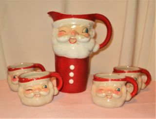 Vintage Holt Howard Pitcher & Mugs Winking Santa Claus 1962 Christmas Set Mcm