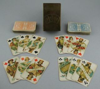 Antique Finnish Soia & Co Helsinki Copper Playing Cards Box 2 Full Decks Finland