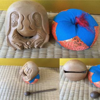 Japanese Buddhism Item Wooden Mokugyo Fish - Drum,  Cushion & Bar Incl.  - 9cm