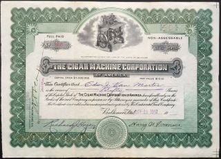 Cigar Machine Corp Stock 1912.  Baltimore,  Md.  Patented/produced.  Unique Vig.  Vf