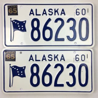 Alaska 1965 License Plate Pair Garage Old Car Tag Set North Star Flag Man Cave