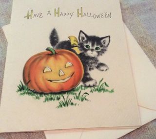 Vtg Halloween Greeting Card 1950’s Kitten Jol Pumpkin Cute