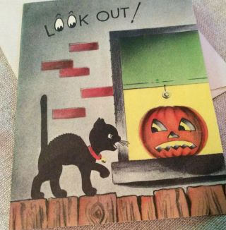 Vtg 1950’s Halloween Greeting Card Black Cat Jol Pumpkin Norcross W Env