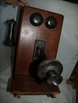 Antique Kellogg Hand Crank Wooden Oak Wall Telephone