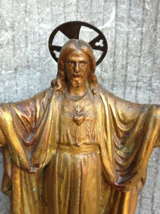 Antique French Brass Jesus Christ Sacred Heart Home Altar Standing Statue Figure