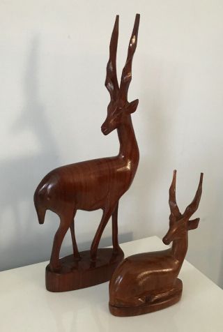 2 Vintage 1960/70s Hand Carved Teak Wood Antelope Deer Ornament Sitting Standing