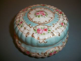 Vintage Hand Painted Porcelain Dresser Trinket Powder Jar Blue With Pink Roses