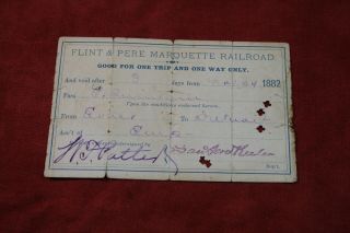 Flint & Pere Marquette Railroad Ticket Pass 1882