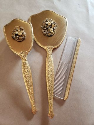 24kt Vintage Gold Plated Handheld Mirror Comb & Brush Vanity Set Matson