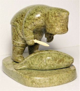 Inuit Soapstone Carving Sculpture " Hunter With Catch " By Pauloosie Padluq