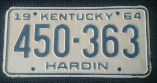 1964 Kentucky Metal License Plate Hardin Co Elizabethtown