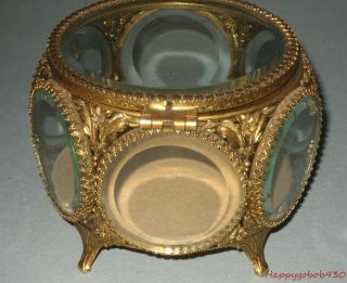 Vintage Gold Filigree & Beveled Glass 6 Sided Round Jewlery Or Trinket Box