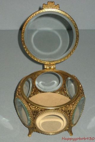 Vintage Gold Filigree & Beveled Glass 6 Sided Round Jewlery or Trinket Box 3