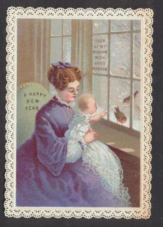 C4229 Victorian Goodall Year Card: Lady,  Baby & Robins,  Lace Edge