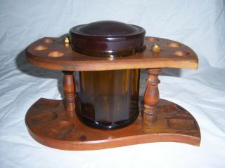 Vintage Griffart Wooden 6 Smoking Pipe Rack Stand W/ Amber Glass Tobacco Jar Mcm