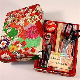 Japanese Style Crepe Kyoto Sewing Box Set Case Chirimen Green F/s Japan W/track