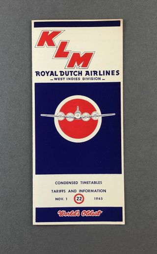 Klm Royal Dutch Airlines West Indies Division Timetable November 1945