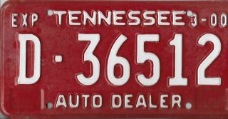 2000 Tennessee Auto Dealer License Plates White On Red D - 36512 Vg