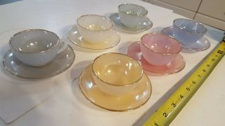Set Of 6,  1960s French Arcopal Harlequin Opalescent Tea Cups And Saucers Pastels