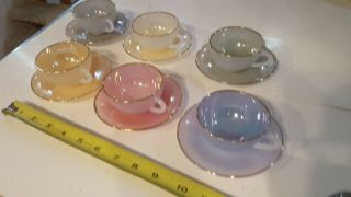 set of 6,  1960s French Arcopal Harlequin Opalescent tea cups and saucers pastels 2