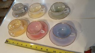 set of 6,  1960s French Arcopal Harlequin Opalescent tea cups and saucers pastels 3