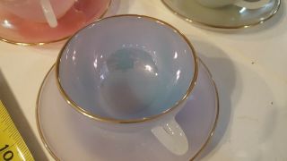 set of 6,  1960s French Arcopal Harlequin Opalescent tea cups and saucers pastels 4