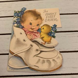 Vintage Greeting Card Baby 1st Easter Baby In Bootie M Cooper Duck Rust Craft