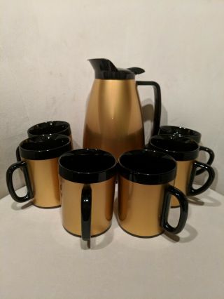 Vintage West Bend Thermo - Serv Usa Black Gold Coffee Carafe Pitcher W/6 Cups Mugs
