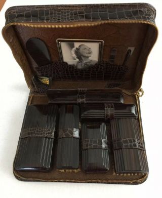 Vtg Gibson Men’s Grooming Travel Kit Leather Bakelite Ebony Wood