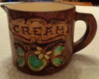 VTG TREASURE CRAFT Hawaii Ceramic Wood Grain Cream Sugar Cup Set Floral MCM 60s 3