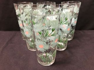 Set Of 6 Mid - Century Turquoise & Pink Floral Glass Tumblers 6 1/2 " Tall
