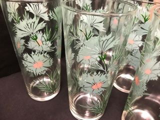 Set of 6 Mid - Century Turquoise & Pink Floral Glass Tumblers 6 1/2 