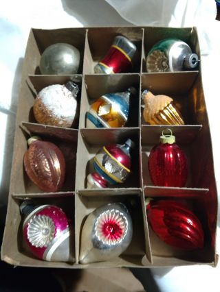 12 Vtg Xmas Ornaments Glass Indents Shapes Balls Bell Shiny Brite Box 1950 - 60 