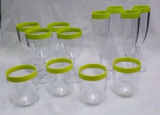 Tupperware Pistachio Green Rim Service For 4 Flutes,  Goblets And Tumblers