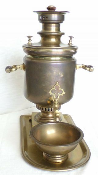Early Large Hallmarked Russian Brass Samovar W/tray And Marked Drip Cup