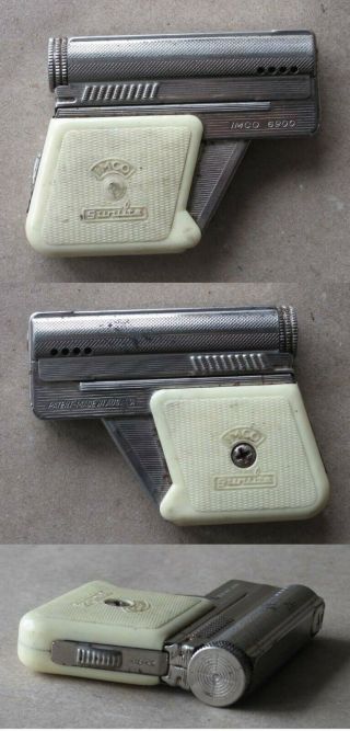 Old Austrian Petrol Cigarette Lighter Imco 6900 Gunlite Pistol White Functional