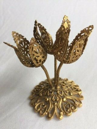 Vintage Ornate Gold Tone Filigree Metal 3 Tulip Flower Lip Stick Holder Japan