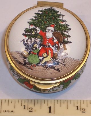 Vintage Fine Bilston Staffordshire Enamel Trinket Pill Box Christmas Santa