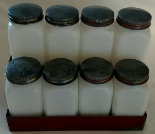 8 Vintage White Milk Glass Red Caps Sunburst Spice Jars With Metal Rack